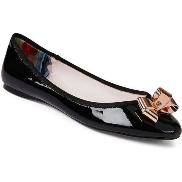 Ted Baker London Shoes - TED BAKER IMME 2 Ballet Ballerina Roae Gold Bow Black Patent Leather Flats Sz 8